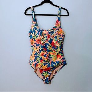 J. Crew scoop neck tropical one piece swimsuit with tie-back